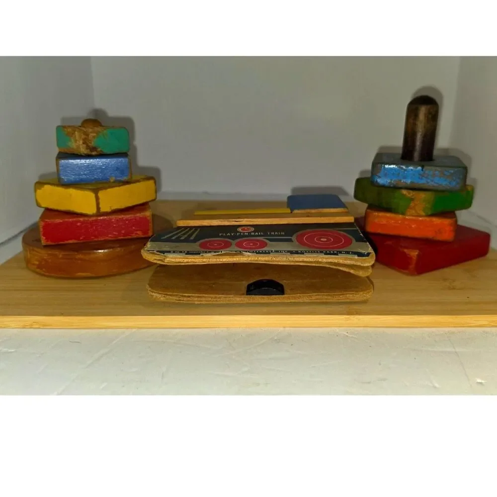 Vintage Wooden Toy Lot of 3 1950s Play-Pen Rail Train Geometric Block Stackers